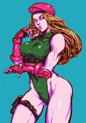 Rule 34 | 1girl, beret, blonde hair, blue background, breasts, buckle, cammy white, cammy white (cosplay), commentary request, cosplay, fingerless gloves, gauntlets, gloves, green leotard, hat, kolin, large breasts, leotard, long hair, looking at viewer, open mouth, red gloves, red hat, simple background, solo, street fighter, street fighter v, thighs, thong leotard, tobaccostar