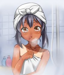 Rule 34 | 1girl, bad id, bad pixiv id, bath, black hair, brown eyes, brown hair, face, flat chest, k-on!, looking at viewer, nakano azusa, naked towel, one-piece tan, smile, solo, steam, suikasan, tan, tanline, tile wall, tiles, towel, towel on head, water, wet