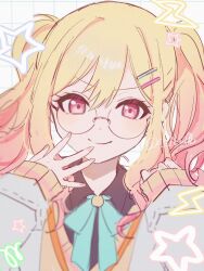 Rule 34 | 1girl, blonde hair, blue bow, blue bowtie, bow, bowtie, commentary, furueru, get over it. (project sekai), glasses, gradient hair, hair ornament, hairclip, highres, long hair, long sleeves, multicolored hair, pink eyes, pink hair, project sekai, round eyewear, smile, solo, swept bangs, tenma saki, twintails