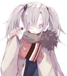 Rule 34 | 1girl, :o, bad id, bad pixiv id, blue jacket, blush, brown scarf, buran (kure), candy, commentary request, food, fur-trimmed jacket, fur trim, girls&#039; frontline, glasses, grey hair, grey jacket, hair over one eye, hand up, head tilt, highres, hk21 (girls&#039; frontline), holding, holding candy, holding food, holding lollipop, jacket, lollipop, long hair, long sleeves, looking at viewer, open clothes, open jacket, parted lips, pinching sleeves, purple eyes, round eyewear, scarf, sidelocks, simple background, sleeves past wrists, solo, twintails, upper body, white background