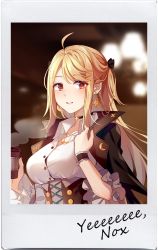 Rule 34 | 1girl, artist request, black choker, black corset, black jacket, blonde hair, blush, breasts, brown eyes, choker, commentary, corset, earrings, english commentary, hair behind ear, jacket, jacket on shoulders, jewelry, long hair, looking to the side, medium breasts, necklace, nijisanji, nox (vtuber), nox official, parted lips, polaroid, solo, star (symbol), star earrings, virtual youtuber, virtuareal