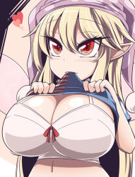 Rule 34 | 1girl, american flag, american flag print, belly, blonde hair, blush, bra, breasts, cleavage, clothes lift, clownpiece, fairy wings, flag print, gero zoukin, heart, highres, huge breasts, jester cap, long hair, looking at viewer, mouth hold, navel, pink bra, pointy ears, red eyes, shirt lift, spoken heart, touhou, underwear, very long hair, wings