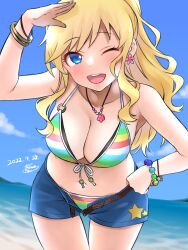 Rule 34 | 1girl, ;d, artist name, beach, belt, bikini, blonde hair, blue eyes, blue shorts, blush, bracelet, breasts, brown belt, cleavage, cloud, cloudy sky, collarbone, dated, day, dot nose, earrings, front-tie bikini top, front-tie top, hand on own hip, highres, idolmaster, idolmaster cinderella girls, idolmaster cinderella girls starlight stage, jewelry, large breasts, larmen sennin, leaning forward, long hair, looking at viewer, navel, necklace, o-ring, o-ring bikini, ocean, ohtsuki yui, one eye closed, open mouth, ponytail, rainbow bikini, salute, shorts, sky, smile, solo, star (symbol), star print, swimsuit, teeth, undressing, wavy hair