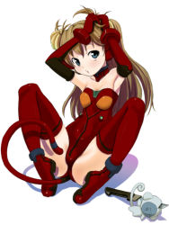 Rule 34 | 00s, 1girl, :o, adapted costume, adjusting hair, angel (evangelion), animal ears, armpits, arms up, bare shoulders, blush, boots, bracer, breasts, brown hair, chestnut mouth, collar, detached collar, elbow gloves, fake animal ears, fake tail, food-themed hair ornament, full body, futari no ana, gloves, grey hair, grimrock! mix edition, hair ornament, kemonomimi mode, knees up, knife, legs, leotard, lilith (evangelion), long hair, looking at viewer, monkey ears, monkey tail, neon genesis evangelion, open mouth, plugsuit, rebuild of evangelion, red footwear, red gloves, red leotard, red thighhighs, shadow, simple background, sitting, small breasts, solo, souryuu asuka langley, spread legs, stab, strapless, strapless leotard, super plugsuit, tail, thigh boots, thighhighs, twintails, two side up, tying hair, wadapen, weapon, white background