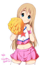 Rule 34 | 1girl, blonde hair, blue eyes, blush, cheerleader, commentary request, crop top, eyebrows, k-on!, kotobuki tsumugi, long hair, looking at viewer, midriff, navel, official style, pom pom (cheerleading), ragho no erika, skirt, sleeveless, smile, solo, thighhighs, white thighhighs, wristband, zettai ryouiki