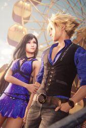Rule 34 | 1boy, 1girl, 3d, alternate costume, bare shoulders, belt, belt buckle, black hair, black vest, blonde hair, blurry, blurry background, breasts, buckle, buttons, casual, cloud strife, collared shirt, couple, cowboy shot, crescent, crescent earrings, crescent moon, dress, earrings, eyeshadow, ferris wheel, final fantasy, final fantasy vii, final fantasy vii remake, hand in pocket, hand on another&#039;s arm, highres, holding hands, jewelry, lips, long hair, looking at another, makeup, medium breasts, moon, official alternate costume, outdoors, purple dress, purple eyeshadow, purple shirt, red eyes, shirt, single earring, spiked hair, square enix, sreliata, standing, stud earrings, swept bangs, tifa lockhart, tifa lockhart (refined dress), vest