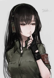 Rule 34 | 1girl, armband, beige background, black gloves, black hair, breasts, brown eyes, buttons, collared shirt, finger to mouth, fingerless gloves, girls&#039; frontline, gloves, green shirt, grey background, headset, highres, medium breasts, parted lips, rampart1028, shirt, shushing, solo, star (symbol), type 64 (girls&#039; frontline), upper body