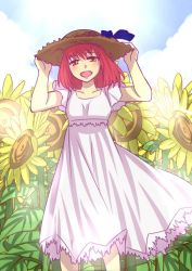 Rule 34 | 00s, 1girl, adjusting clothes, adjusting headwear, bad id, bad twitter id, bow, dress, field, flower, flower field, frilled dress, frills, good end, hat, kohaku (tsukihime), open mouth, red hair, ribbon, short hair, smile, solo, sunflower, sunflower field, tsukihime, urako, yellow eyes