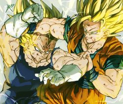 Rule 34 | 2boys, battle, blonde hair, blood, blood on face, clenched hands, dirty, dirty clothes, dirty face, dragon ball, dragonball z, electricity, fighting, fighting stance, fingernails, frown, gloves, green eyes, grey background, grin, looking at another, majin vegeta, male focus, manly, multiple boys, reeya, short hair, signature, simple background, smile, son goku, spiked hair, super saiyan, super saiyan 2, vegeta, veins, white gloves