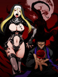 Rule 34 | 1boy, 1girl, ahegao, black hair, black sclera, blonde hair, bondage outfit, breasts, bustier, cleavage, clothing cutout, coif, colored sclera, cross, cross necklace, cthulhu mythos, evil grin, evil smile, fingerless gloves, full moon, gloves, grin, highres, hip focus, iga tomoteru, jewelry, large breasts, lingerie, long hair, looking at viewer, magic, monster, moon, nail polish, naughty face, navel, navel cutout, necklace, night, nun, nyarlathotep, open mouth, original, outdoors, priest, red eyes, red moon, revealing clothes, saliva, shining trapezohedron, shrug (clothing), skindentation, smile, thighhighs, thighs, tongue, tongue out, underwear, wide hips