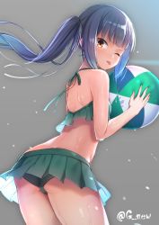 Rule 34 | 1girl, amanuki-san, aqua bikini, ass, back, ball, beachball, bikini, bikini skirt, blush, brown eyes, butt crack, closed mouth, commentary request, from behind, green bikini, grey hair, hair between eyes, holding, holding ball, kantai collection, kasumi (kancolle), long hair, looking at viewer, one eye closed, ribbon, side ponytail, simple background, solo, standing, swimsuit, thighs, tongue, tongue out, wet, white ribbon