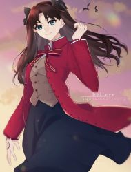 Rule 34 | 1girl, aqua eyes, bird, black bow, black skirt, bow, brown hair, brown vest, closed mouth, coat, copyright name, dusk, fate/stay night, fate (series), floating hair, from below, hair bow, hair intakes, highres, homurahara academy school uniform, long hair, long sleeves, looking at viewer, looking down, medium skirt, open clothes, open coat, outdoors, red coat, school uniform, skirt, smile, solo, standing, tohsaka rin, toutou (fufu0o), very long hair, vest