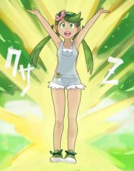 Rule 34 | 1girl, :d, bare arms, bare legs, chiimako, collarbone, creatures (company), dark-skinned female, dark skin, flower, full body, game freak, green eyes, green footwear, green hair, green theme, hair flower, hair ornament, headband, long hair, looking up, mallow (pokemon), matching hair/eyes, nintendo, open mouth, overalls, pokemon, pokemon sm, shoes, shorts, smile, solo, standing, teeth, tongue, trial captain, twintails, z-move