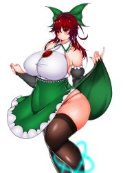 Rule 34 | 1girl, blush, bow, breasts, bridal gauntlets, clothes lift, detached sleeves, green bow, hair bow, jewelry, large breasts, long hair, matching hair/eyes, panties, red eyes, red hair, reiuji utsuho, simple background, skirt, skirt lift, solo, thick thighs, thighhighs, thighs, touhou, underwear, white background