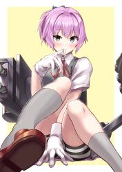 Rule 34 | 1girl, absurdres, bike shorts, black shorts, blue eyes, collared shirt, commentary request, commission, dress shirt, gloves, grey vest, highres, kantai collection, machinery, mouth hold, neck ribbon, ooike teru, pink hair, ponytail, ribbon, school uniform, shiranui (kancolle), shirt, short hair, short ponytail, short sleeves, shorts, sitting, skeb commission, solo, vest, white gloves, white shirt