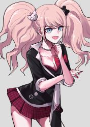 Rule 34 | 1girl, :d, bear hair ornament, black nails, black necktie, black shirt, blonde hair, blue eyes, bow, bra, breasts, cleavage, collarbone, contrapposto, cowboy shot, danchu (danchu0628), danganronpa: trigger happy havoc, danganronpa (series), enoshima junko, hair ornament, hand on own chin, hand up, highres, leaning forward, long hair, looking at viewer, miniskirt, nail polish, necktie, open mouth, pink hair, plaid, plaid skirt, pleated skirt, red bow, red bra, red skirt, school uniform, shirt, simple background, skirt, sleeves rolled up, smile, solo, teeth, twintails, underwear, upper teeth only, white necktie