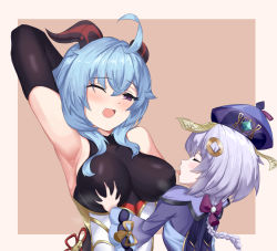 Rule 34 | 2girls, ;d, absurdres, ahoge, arm up, armpits, blue hair, blush, bodysuit, bow, braid, braided ponytail, grabbing another&#039;s breast, breasts, closed eyes, ganyu (genshin impact), genshin impact, goat horns, grabbing, hair bow, hair ornament, hat, highres, horns, jiangshi, large breasts, multiple girls, mz (yeye ai chipao mian), one eye closed, open mouth, purple hair, qingdai guanmao, qiqi (genshin impact), skin tight, sleeveless, smile, tongue, tongue out, upper body