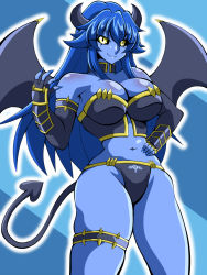 Rule 34 | 1girl, armlet, bare legs, bare shoulders, black choker, black corset, black gloves, black horns, black panties, black sclera, black wings, blue background, blue hair, blue nails, blue skin, breasts, choker, cleavage, closed mouth, colored sclera, colored skin, corset, demon girl, demon tail, demon wings, elbow gloves, female focus, fingerless gloves, gloves, hand on own hip, hand up, highres, horns, inaba (tensai21), large breasts, long hair, looking at viewer, midriff, nail polish, navel, original, panties, revealing clothes, shiny skin, sidelocks, smile, solo, spiked armlet, spiked thighlet, standing, strapless, striped, striped background, tail, thighlet, underwear, wings, yellow eyes