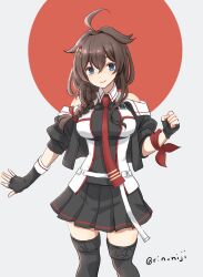 Rule 34 | 1girl, ahoge, belt, black gloves, black jacket, black skirt, black thighhighs, blue eyes, braid, breasts, brown hair, chest harness, closed mouth, feet out of frame, fingerless gloves, gloves, hair between eyes, harness, highres, jacket, kantai collection, large breasts, long hair, necktie, off-shoulder jacket, off shoulder, open clothes, open jacket, pleated skirt, red necktie, rin (rin niji), shigure (kancolle), shigure kai san (kancolle), short sleeves, single braid, skirt, solo, thighhighs, twitter username, white belt