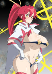 Rule 34 | 1girl, aged up, areola slip, bikini, bikini top only, black bikini, blush, breasts, cape, closed mouth, gloves, hair between eyes, high ponytail, looking at viewer, midriff, minpei ichigo, ponytail, red hair, solo, space yoko, star (symbol), striped clothes, striped thighhighs, swimsuit, tengen toppa gurren lagann, thighhighs, thighs, undersized clothes, white cape, white gloves, yellow eyes, yoko littner
