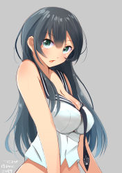 Rule 34 | 10s, 1girl, agano (kancolle), bad id, bad pixiv id, bare shoulders, black hair, blush, breasts, cleavage, green eyes, grey background, highres, kantai collection, large breasts, long hair, looking at viewer, midriff, open mouth, school uniform, simple background, solo, tebi (tbd11), upper body