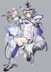 Rule 34 | 1boy, ahoge, animal ears, arm support, black footwear, black hair, blue thighhighs, buttons, collared shrug, colored tips, commission, expressionless, facial mark, flower, from side, full body, grey background, grey hair, hair ornament, happybiirthd, headband, highres, holding, holding flower, holding ribbon, lace, lace headwear, legwear garter, long sleeves, looking at viewer, male focus, marking on cheek, multicolored hair, object request, original, pink flower, pink rose, purple headband, red eyes, ribbon, rose, shirt, shrug (clothing), simple background, single thighhigh, sitting, solo, tail, tail ornament, thighhighs, two-tone hair, watermark, white shirt, wolf boy, wolf ears, wolf tail