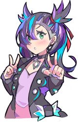 Rule 34 | 1girl, :o, black choker, black hair, black jacket, black nails, blue hair, blush, choker, commentary request, creatures (company), cropped torso, double v, dress, earrings, enpe, game freak, green eyes, hair over one eye, hair ribbon, highres, jacket, jewelry, long sleeves, looking at viewer, marnie (pokemon), multicolored hair, nail polish, nintendo, open clothes, open jacket, parted lips, pink dress, pokemon, pokemon swsh, purple hair, red ribbon, ribbon, simple background, solo, two side up, upper body, v, white background