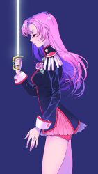 Rule 34 | 1girl, black jacket, blue background, breasts, closed eyes, closed mouth, commentary request, cowboy shot, epaulettes, facing to the side, flower, from side, hand up, holding, holding sword, holding weapon, ibispaint (medium), jacket, long hair, long sleeves, medium breasts, nipi (uni tan), pink flower, pink hair, pink rose, profile, rapier, red shorts, rose, shorts, shoujo kakumei utena, solo, standing, sword, sword of dios, tenjou utena, weapon