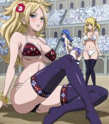 Rule 34 | 3girls, aqua eyes, arm support, ass, audience, back, bare shoulders, bent over, bikini, black legwear, blonde hair, blue hair, blush, bracelet, breasts, bug, butterfly, cleavage, collarbone, earrings, fairy tail, female focus, flower, groin, hair flower, hair ornament, hip focus, insect, jenny realight, jewelry, juvia lockser, knees, knees together feet apart, large breasts, leaning forward, legs, long hair, looking at viewer, looking back, lucy heartfilia, midriff, multiple girls, navel, no shoes, one eye closed, outdoors, perspective, print bikini, purple bikini, screencap, shadow, short twintails, sidelocks, sitting, skindentation, smile, standing, stitched, string bikini, striped bikini, striped clothes, striped legwear, swimsuit, thigh gap, thighhighs, thighs, third-party edit, twintails, underboob, white bikini, wink
