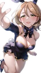 Rule 34 | 1girl, absurdres, animal ears, bare shoulders, black bow, black bowtie, blue dress, bow, bowtie, breasts, brown hair, cleavage, commentary request, dress, fake animal ears, fake tail, fingernails, gold trim, high heels, highres, idolmaster, idolmaster cinderella girls, large breasts, leg up, leotard, looking at viewer, off-shoulder dress, off shoulder, open mouth, outstretched arm, playboy bunny, popon ta, rabbit ears, rabbit tail, short hair, simple background, sleeves past elbows, smile, solo, tail, white background, yanagi kiyora, yellow eyes