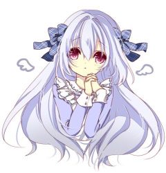 Rule 34 | 1girl, apron, azumi kazuki, blue bow, blush, bow, closed mouth, commentary request, cropped torso, dress, frilled apron, frills, hair between eyes, hair bow, hands up, long hair, long sleeves, lowres, original, own hands clasped, own hands together, purple dress, purple hair, red eyes, simple background, solo, upper body, very long hair, white apron, white background