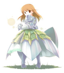 Rule 34 | 1girl, armor, armored boots, armored dress, blonde hair, boots, capcom, covered mouth, earrings, emurin, eyebrows, full body, gauntlets, grass, holding, jewelry, legs apart, long hair, looking at viewer, looking back, monster hunter (series), pauldrons, red eyes, shield, shoulder armor, solo, standing, white background