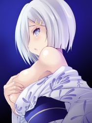 Rule 34 | 10s, 1girl, alternate costume, bare shoulders, blue background, blue eyes, blue kimono, breasts, covering privates, covering breasts, from behind, gradient background, hair ornament, hairclip, hamakaze (kancolle), japanese clothes, kadokawa shoten, kantai collection, kimono, large breasts, looking at viewer, maki (seventh heaven maxion), open clothes, open kimono, open mouth, sash, short hair, silver hair, solo, underboob, upper body