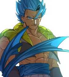 Rule 34 | 1boy, abs, arms at sides, blue eyes, blue hair, clothes lift, dragon ball, dragon ball super, dragon ball super broly, gogeta, grin, looking at viewer, male focus, muscular, shaded face, short hair, simple background, smile, spiked hair, super saiyan, super saiyan blue, tako jirou, topless male, upper body, waistcoat, white background, wind, wind lift