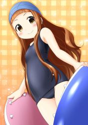 Rule 34 | 10s, 1girl, animal costume, blue one-piece swimsuit, brown eyes, brown hair, cowboy shot, explosion psycho, flat chest, from below, ichihara nina, idolmaster, idolmaster cinderella girls, long hair, looking at viewer, old school swimsuit, one-piece swimsuit, plaid, plaid background, school swimsuit, shark costume, smile, solo, standing, swim cap, swimsuit