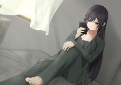 Rule 34 | 1girl, barefoot, bed, bedroom, black hair, breasts, c yorimo, cellphone, cleavage, closed mouth, collarbone, commentary request, curtains, grey shirt, hair between eyes, highres, idolmaster, idolmaster shiny colors, large breasts, leg up, long sleeves, looking at phone, pants, phone, shirase sakuya, shirt, sitting, smartphone, solo, window, yellow eyes