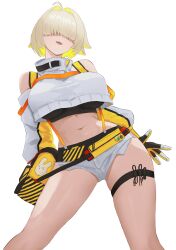 Rule 34 | 1girl, ahoge, bare shoulders, belly grab, black sports bra, blonde hair, blush, breasts, clothing cutout, crop top, crop top overhang, cropped sweater, detached sleeves, elegg (nikke), exposed pocket, gloves, goddess of victory: nikke, grey shorts, hair intakes, hair over eyes, herfstijl, highres, large breasts, long bangs, long sleeves, multicolored clothes, multicolored gloves, multicolored hair, navel, open mouth, shorts, shoulder cutout, simple background, smile, solo, sports bra, suspender shorts, suspenders, thigh strap, two-tone hair, upright ahoge, white background, yellow gloves