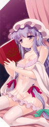Rule 34 | 1girl, bare shoulders, book, bow, breasts, female focus, hair bow, hat, highres, kumao mofumofu, lingerie, long hair, negligee, nipples, non-web source, open book, patchouli knowledge, purple eyes, purple hair, purple thighhighs, pussy, reading, scan, see-through, sidelocks, sitting, solo, thighhighs, touhou, uncensored, underwear, underwear only, very long hair