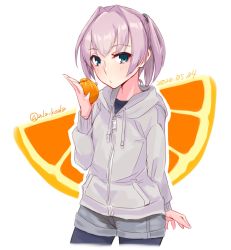 Rule 34 | 1girl, alakoala, alternate costume, black pantyhose, blue eyes, commentary request, cowboy shot, cropped legs, dated, food, fruit, grey jacket, grey shorts, highres, hood, hooded jacket, hoodie, jacket, kantai collection, looking at viewer, one-hour drawing challenge, orange (fruit), orange slice, pantyhose, pink hair, ponytail, shiranui (kancolle), short hair, shorts, simple background, solo, standing, twitter username, white background