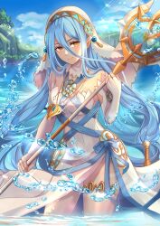Rule 34 | 1girl, absurdres, asymmetrical legwear, azura (fire emblem), blue hair, breasts, dress, elbow gloves, fingerless gloves, fire emblem, fire emblem fates, gloves, hair between eyes, highres, holding, holding polearm, holding weapon, jewelry, long hair, looking at viewer, nintendo, open mouth, polearm, single leg pantyhose, smile, solo, uneven legwear, vaniraaa, veil, very long hair, water, weapon, white dress, yellow eyes