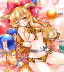Rule 34 | 1girl, alternate breast size, animal print, artist name, at classics, blush, bow, box, breasts, brown eyes, brown hair, censored, chain, convenient censoring, drunk, gourd, hair bow, hair over breasts, horns, ibuki suika, long hair, marker (medium), medium breasts, sample watermark, solo, tiger print, topless, touhou, traditional media, very long hair, watermark