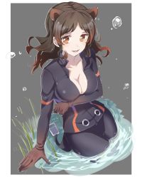 Rule 34 | 10s, 1girl, absurdres, animal ears, breasts, brown eyes, brown hair, cleavage, collarbone, extra ears, gradient hair, grey background, highres, hippopotamus (kemono friends), hippopotamus ears, kemono friends, long hair, looking at viewer, medium breasts, multicolored hair, parted lips, partially submerged, red hair, sangatsu (sangatsu 05), smile, solo, wet, wet clothes, wet hair