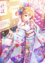 Rule 34 | 1boy, ;d, bag, blue kimono, cherry blossoms, day, floral print, flower, furisode, geta, hair flower, hair ornament, handbag, highres, japanese clothes, jewelry, kimono, light rays, long sleeves, looking at viewer, male focus, natsusora wakana, new year, novady, obi, one eye closed, open mouth, orange eyes, orange hair, original, outdoors, petals, ring, sash, seigaiha, smile, solo, standing, star (symbol), star hair ornament, tabi, trap, wide sleeves