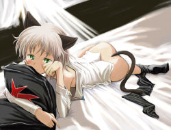 Rule 34 | 00s, 1girl, animal ears, bed, black pantyhose, chiaki lsd, green eyes, lying, no panties, on stomach, pantyhose, pantyhose around one leg, pillow, sanya v. litvyak, sleepy, solo, strike witches, tail, white hair, world witches series