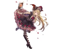 Rule 34 | 1girl, blonde hair, boots, dress, frills, full body, granblue fantasy, holding, knee boots, leg up, long hair, minaba hideo, official art, oil lamp, open mouth, petals, pointy ears, puffy short sleeves, puffy sleeves, red eyes, shadowverse, shingeki no bahamut, short dress, short sleeves, simple background, smile, solo, striped clothes, striped legwear, striped thighhighs, thighhighs, transparent background, vampy