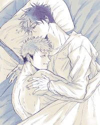 Rule 34 | 2boys, bed, bed sheet, collarbone, commentary request, couple, drooling, closed eyes, fushiguro megumi, fushirun rung, highres, hug, indoors, itadori yuuji, jujutsu kaisen, long sleeves, lying, male focus, mouth drool, multiple boys, muscular, muscular male, on bed, pajamas, parted lips, pillow, short hair, sleeping, spiked hair, topless male, undercut, yaoi