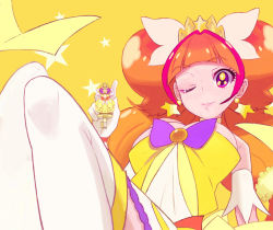 Rule 34 | 1girl, ;), amanogawa kirara, breasts, cleavage, cure twinkle, earrings, go! princess precure, jewelry, long hair, magical girl, multicolored hair, one eye closed, orange hair, pink hair, precure, purple eyes, smile, solo, star (symbol), star earrings, thighhighs, twintails, two-tone hair, white thighhighs, yellow background, yuuki (irodo rhythm)