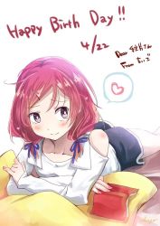 Rule 34 | 10s, 1girl, alternate costume, alternate hairstyle, artist name, bare shoulders, blouse, blush, book, casual, chiigo, collarbone, dated, gym shorts, hair ornament, hair tie, hairpin, happy birthday, heart, love live!, love live! school idol project, low twintails, lying, nail polish, nishikino maki, off shoulder, on bed, on stomach, open book, pillow support, purple eyes, red hair, shirt, short hair, shorts, simple background, smile, solo, speech bubble, spoken heart, translated, twintails, white background, white shirt
