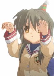 Rule 34 | 1girl, animated, animated gif, clannad, dancing, hat, ibuki fuuko, long hair, lowres, michael jackson, monster mash, outstretched arms, parody, party hat, ribbon, school uniform, serafuku, solo, thriller (michael jackson), zombie pose