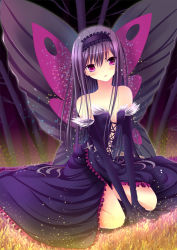 Rule 34 | 10s, 1girl, accel world, antenna hair, bad id, bad pixiv id, bare shoulders, black hair, butterfly wings, elbow gloves, gloves, insect wings, kuroyukihime, long hair, purple eyes, solo, toshi (1-147), wings